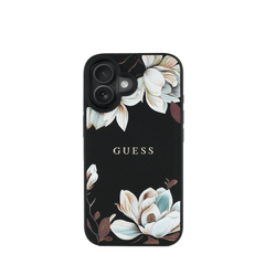 GUESS - Magsafe Grained IPhone 16 Black Case with Printed Flower Pattern