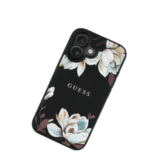 GUESS - Magsafe Grained IPhone 16 Black Case with Printed Flower Pattern
