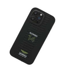 ASTON MARTIN- Aramco Magsafe F1-Genuine Black Leather IPhone 16 Pro Case