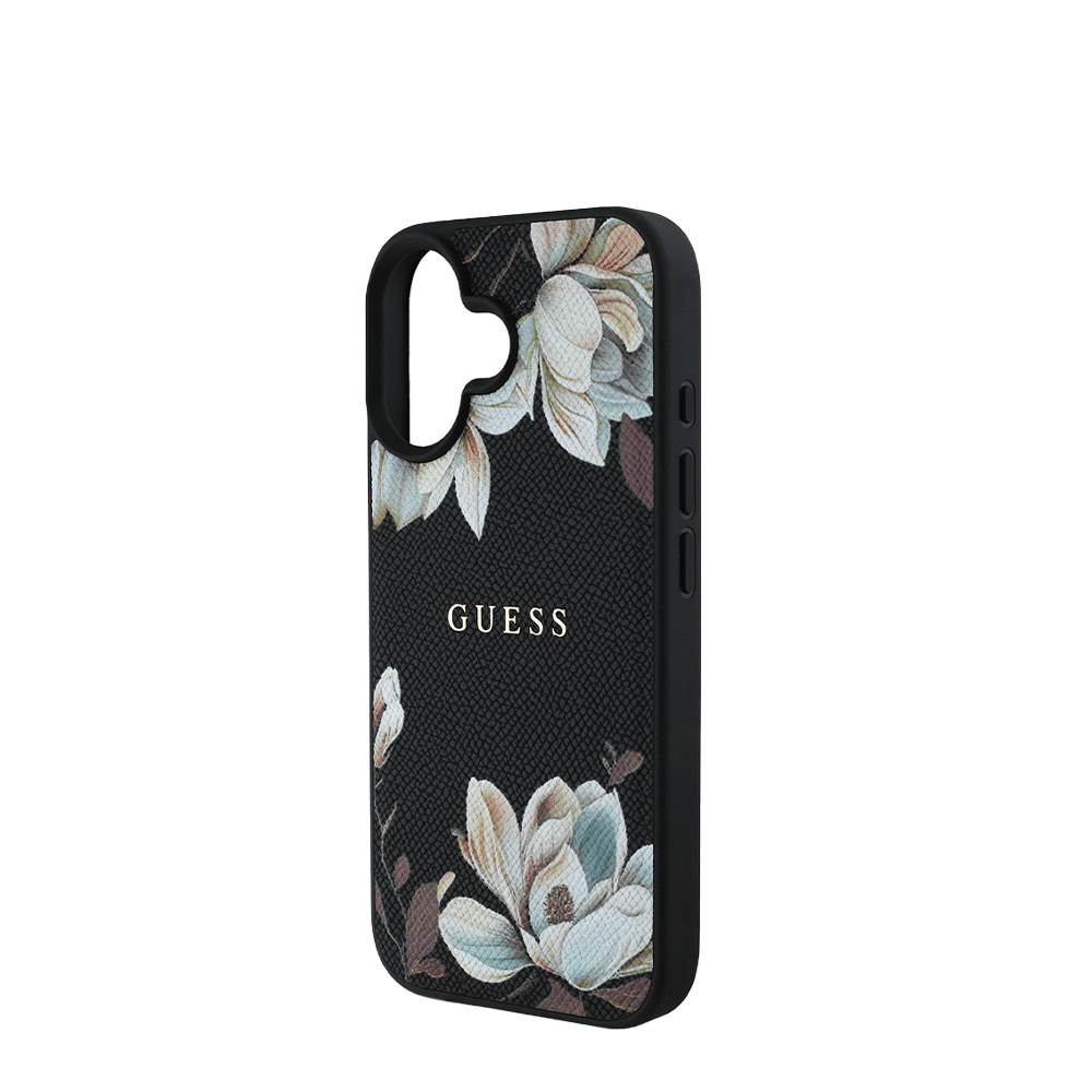 GUESS - Magsafe Grained IPhone 16 Black Case with Printed Flower Pattern