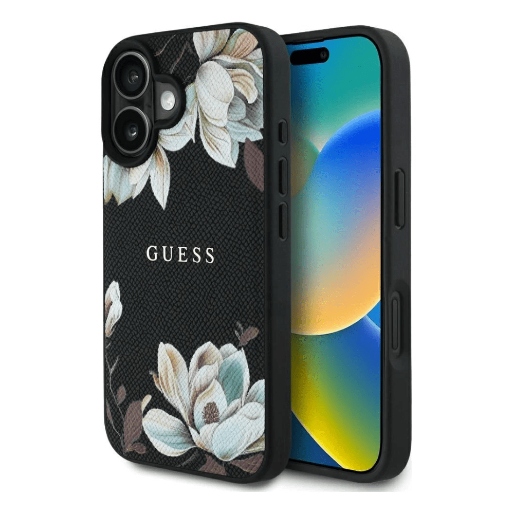 GUESS - Magsafe Grained IPhone 16 Black Case with Printed Flower Pattern