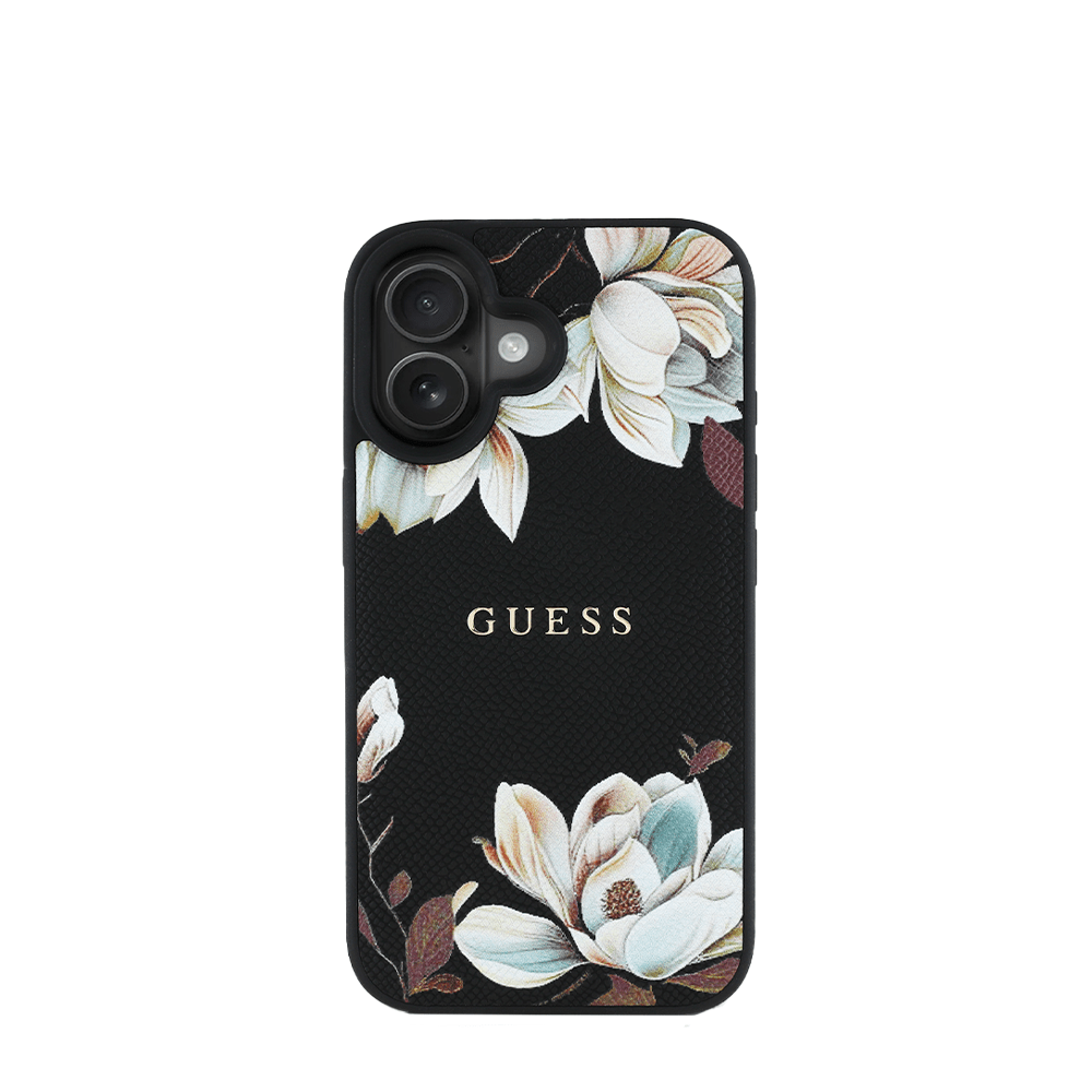 GUESS - Magsafe Grained IPhone 16 Black Case with Printed Flower Pattern