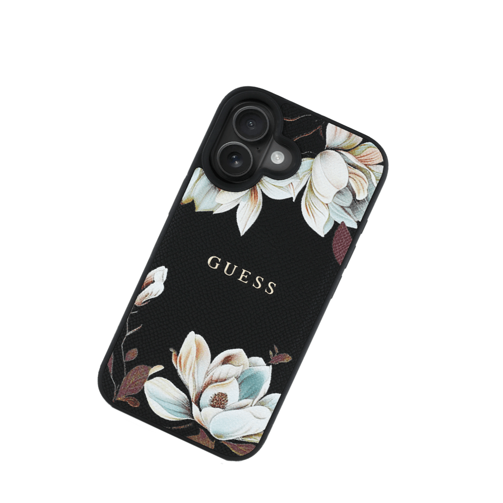 GUESS - Magsafe Grained IPhone 16 Black Case with Printed Flower Pattern