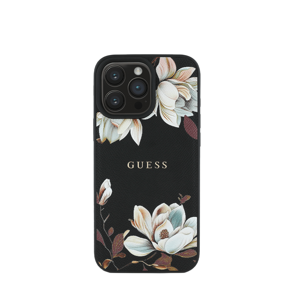 GUESS - Magsafe Grained IPhone 16 Pro Black Case with Printed Flower Pattern