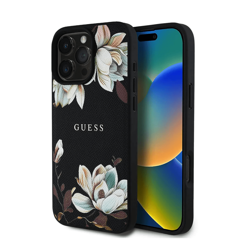 GUESS - Magsafe Grained IPhone 16 Pro Black Case with Printed Flower Pattern