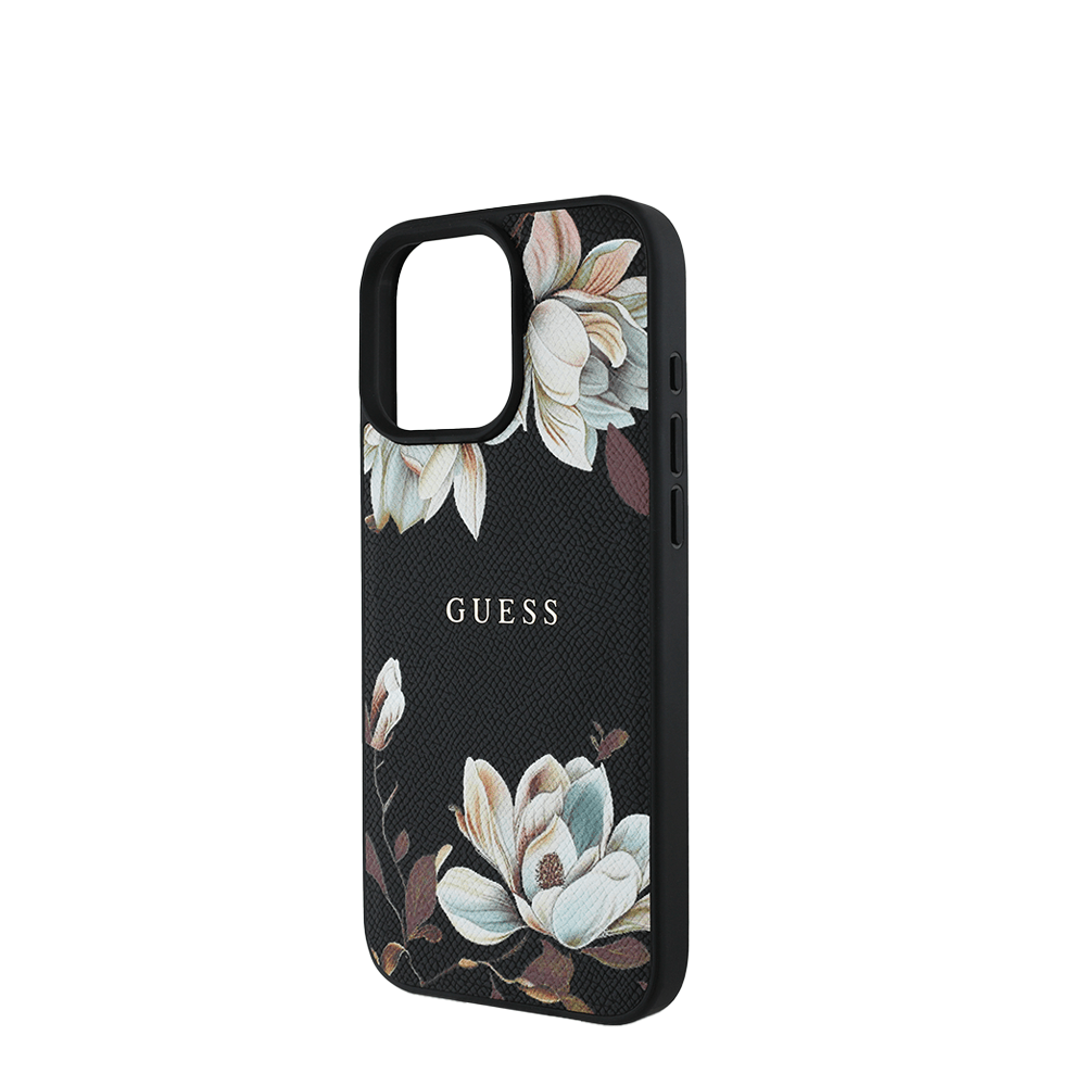 GUESS - Magsafe Grained IPhone 16 Pro Black Case with Printed Flower Pattern