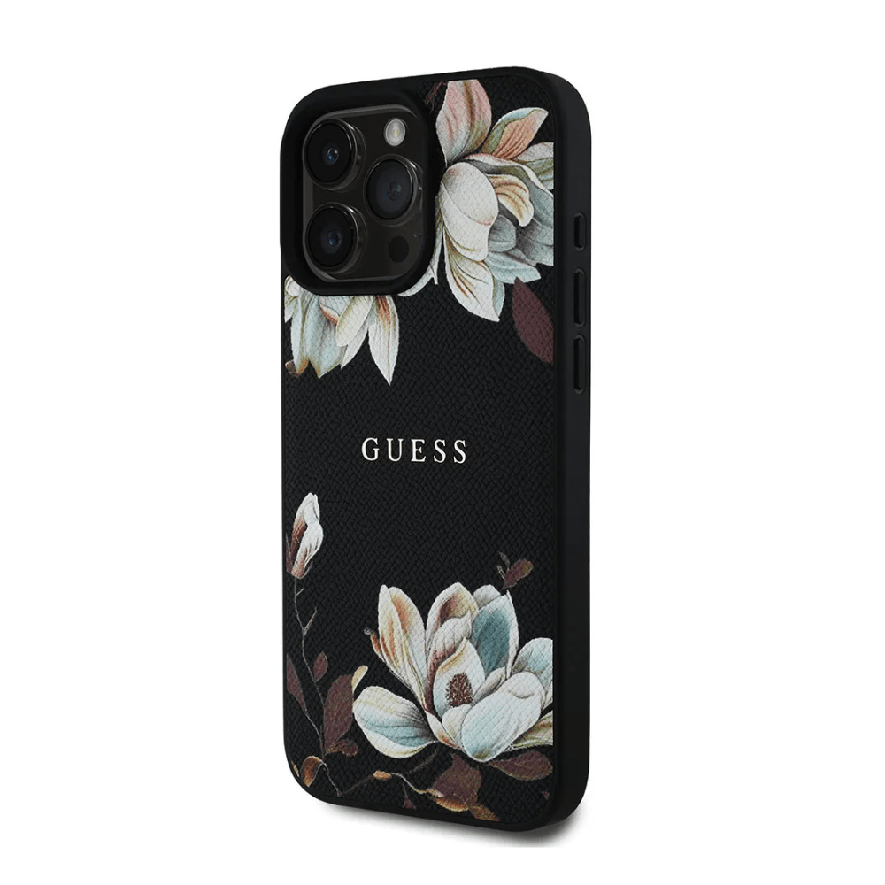 GUESS - Magsafe Grained IPhone 16 Pro Black Case with Printed Flower Pattern