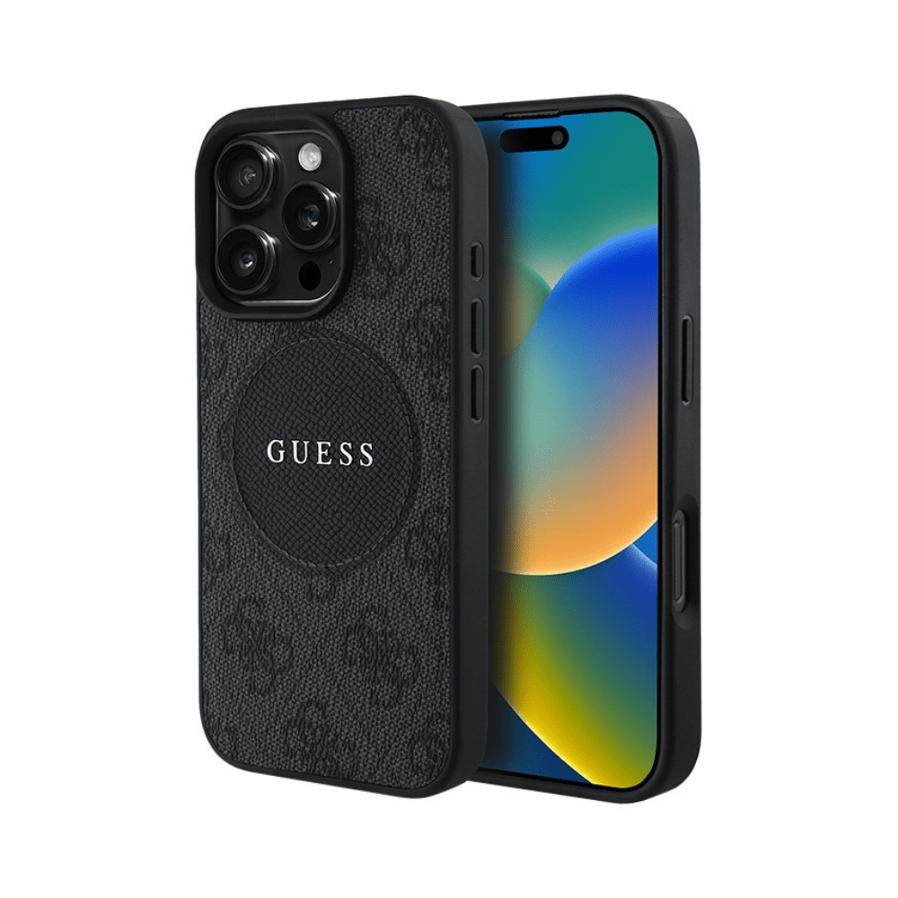 GUESS - Magsafe Grained IPhone 16 Pro Black Case with Round Patch