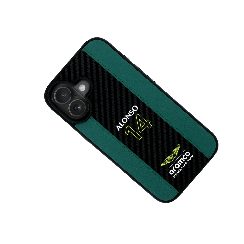 ASTON MARTIN- Aramco Magsafe F1-Genuine Green Leather IPhone 16 Case