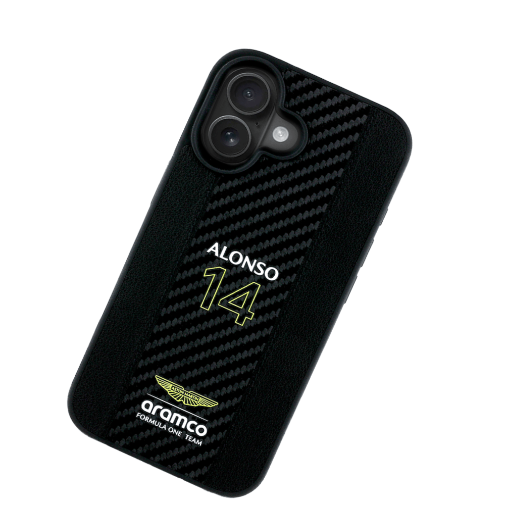 ASTON MARTIN- Aramco Magsafe F1-Genuine Black IPhone 16 Leather Case