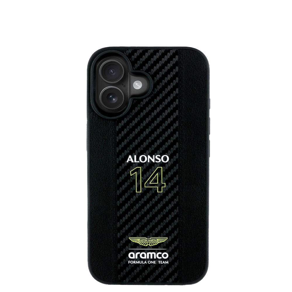 ASTON MARTIN- Aramco Magsafe F1-Genuine Black IPhone 16 Leather Case