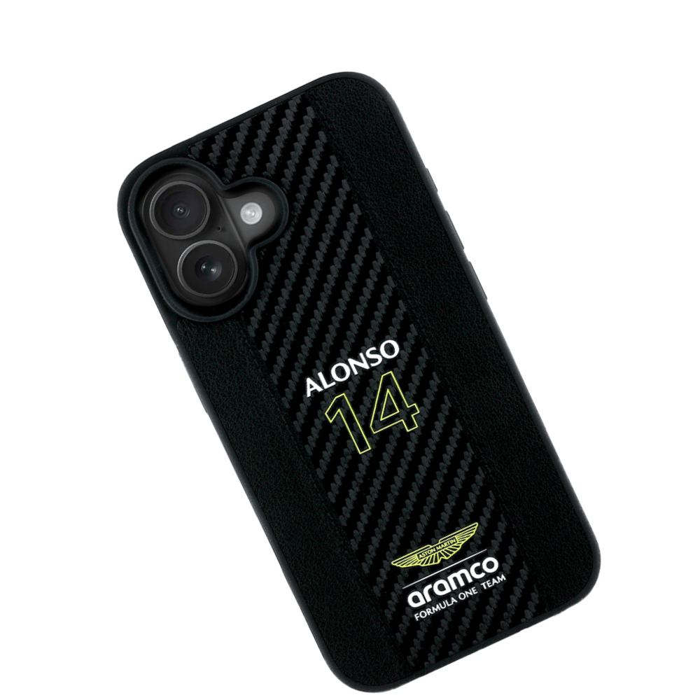 ASTON MARTIN- Aramco Magsafe F1-Genuine Black IPhone 16 Leather Case