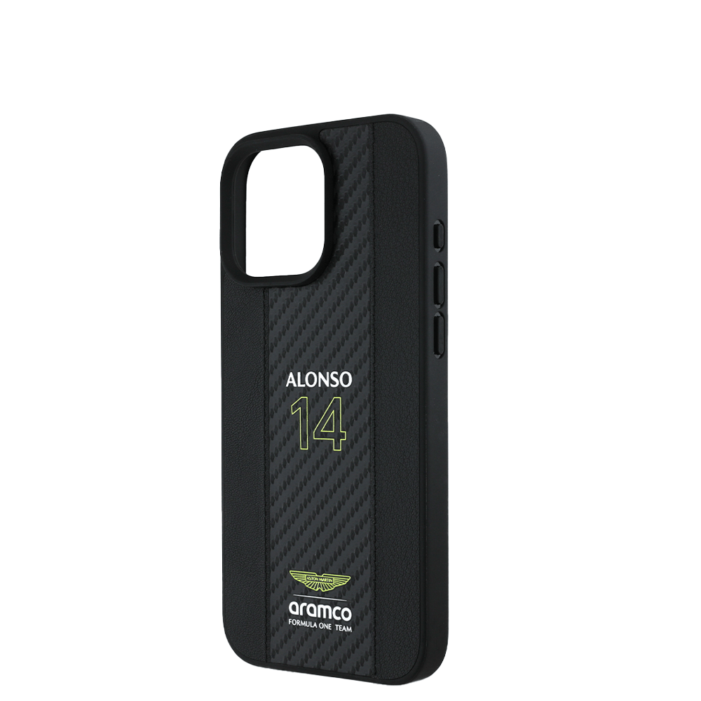 ASTON MARTIN- Aramco Magsafe F1-Genuine Black Leather IPhone 16 Pro Case