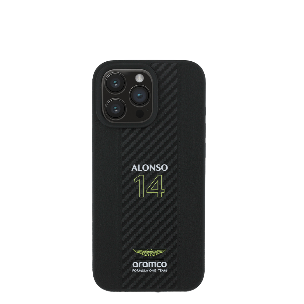 ASTON MARTIN- Aramco Magsafe F1-Genuine Black Leather IPhone 16 Pro Case