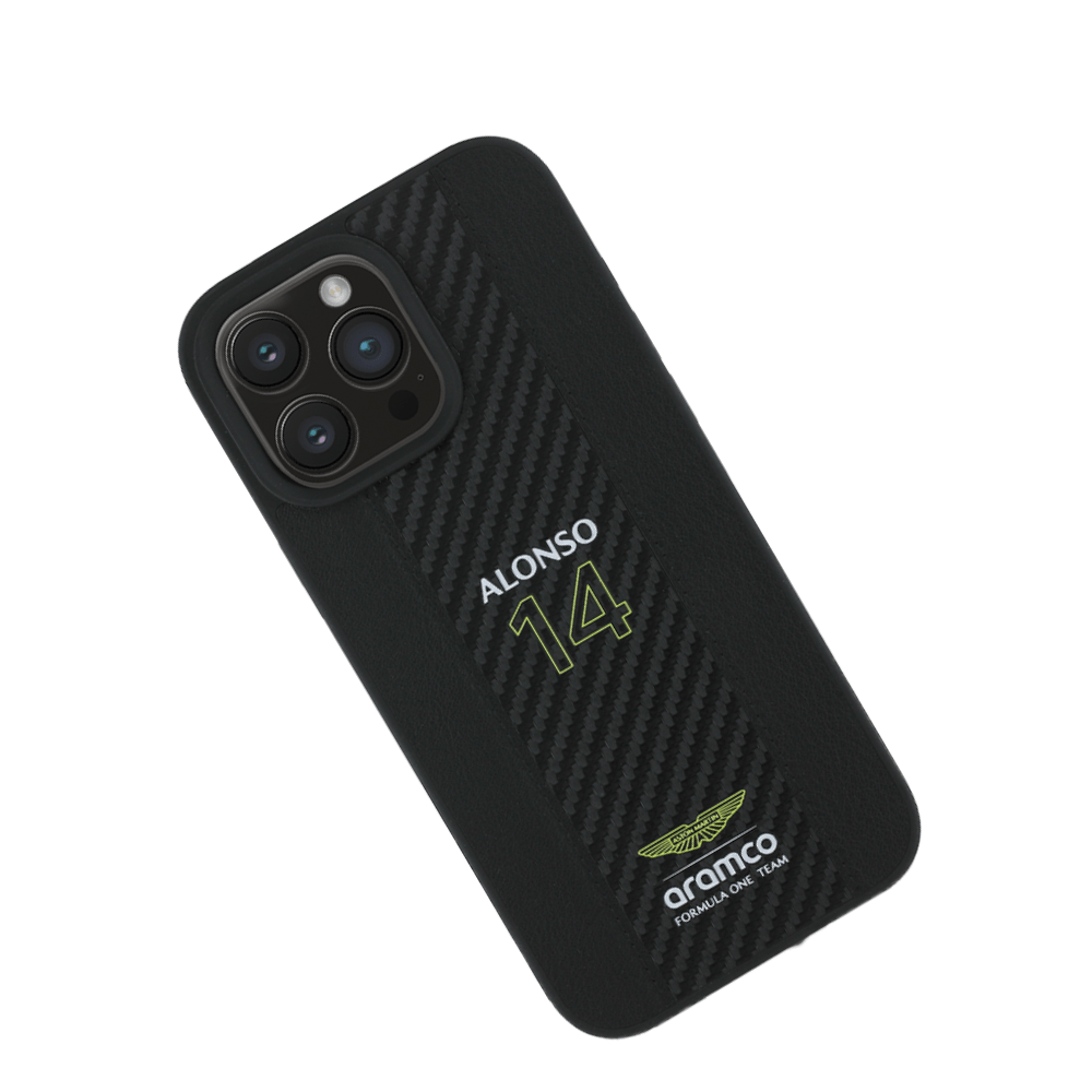 ASTON MARTIN- Aramco Magsafe F1-Genuine Black Leather IPhone 16 Pro Case