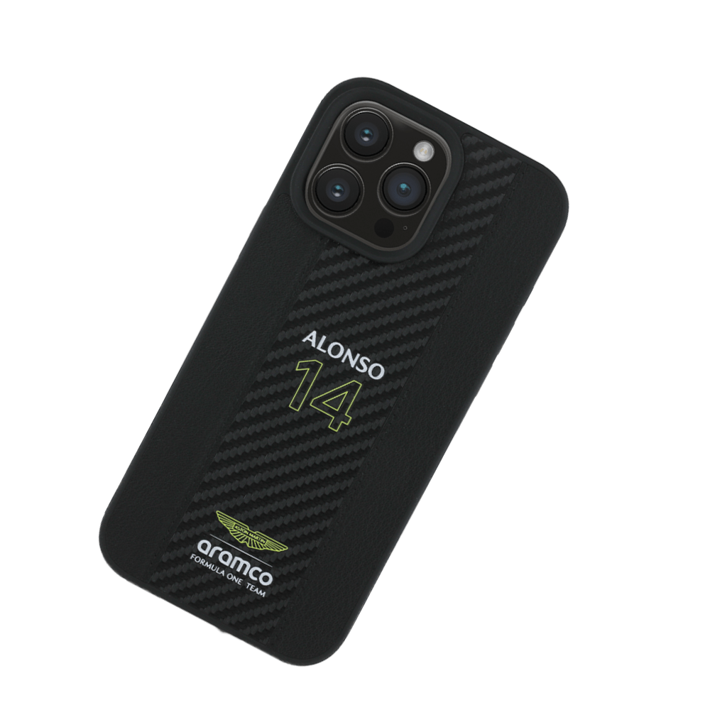 ASTON MARTIN- Aramco Magsafe F1-Genuine Black Leather IPhone 16 Pro Case