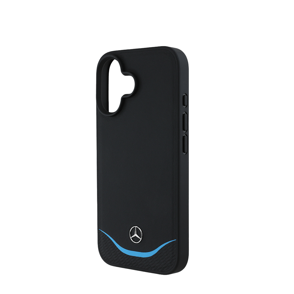 MERCEDES-Magsafe IPhone 16 Black Leather Case W/ Contrasted Blue Horizontal Curve