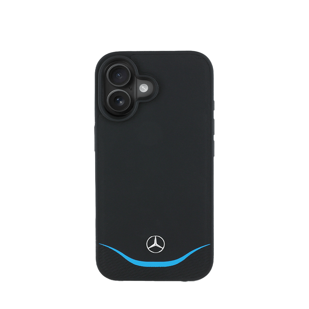 MERCEDES-Magsafe IPhone 16 Black Leather Case W/ Contrasted Blue Horizontal Curve