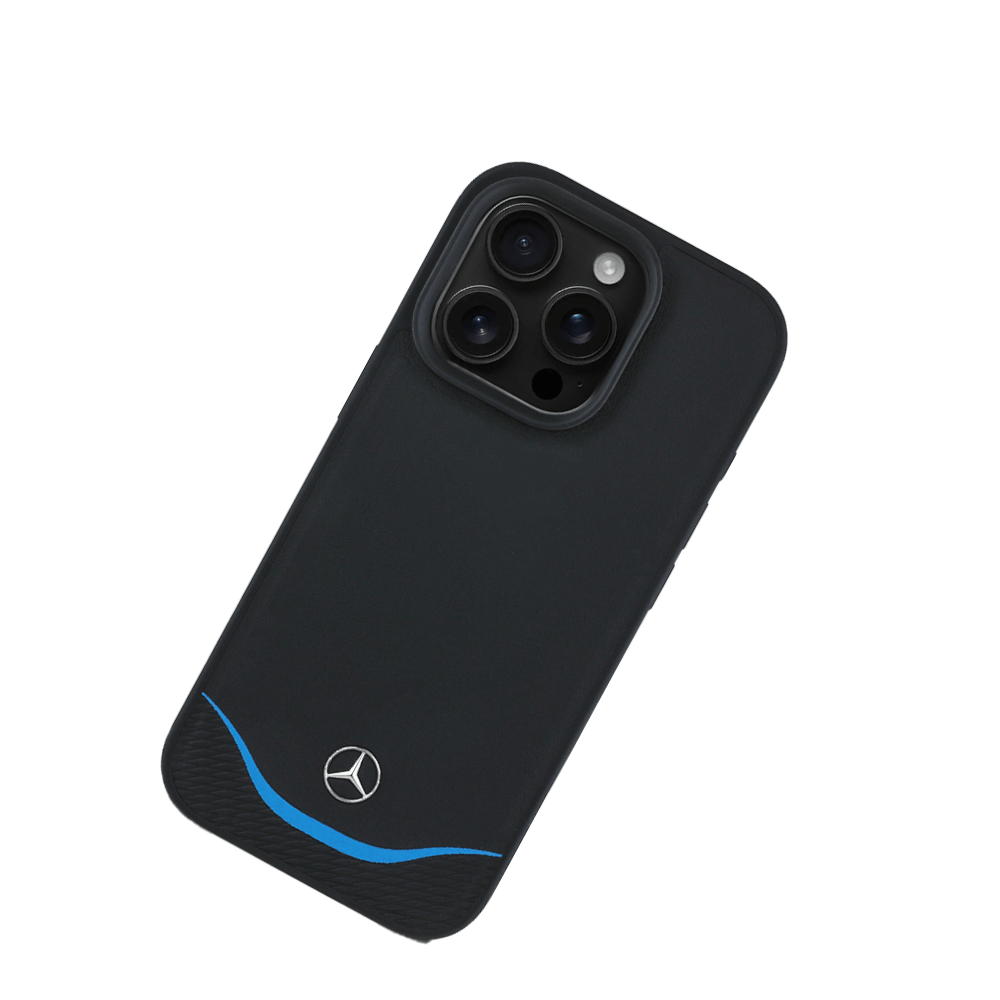 MERCEDES-Magsafe IPhone 16 Pro Black Leather Case W/ Contrasted Blue Horizontal Curve