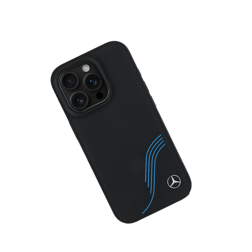 MERCEDES-Magsafe Case IPhone 16 Pro Max Black Genuine Leather W/ Blue Curves
