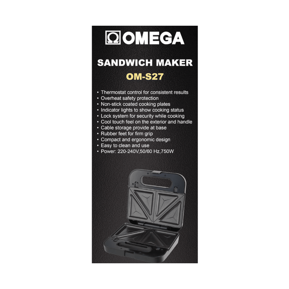Omega 2-Slice Triangle Plate Sandwich Maker 750W White OM-S27 WH